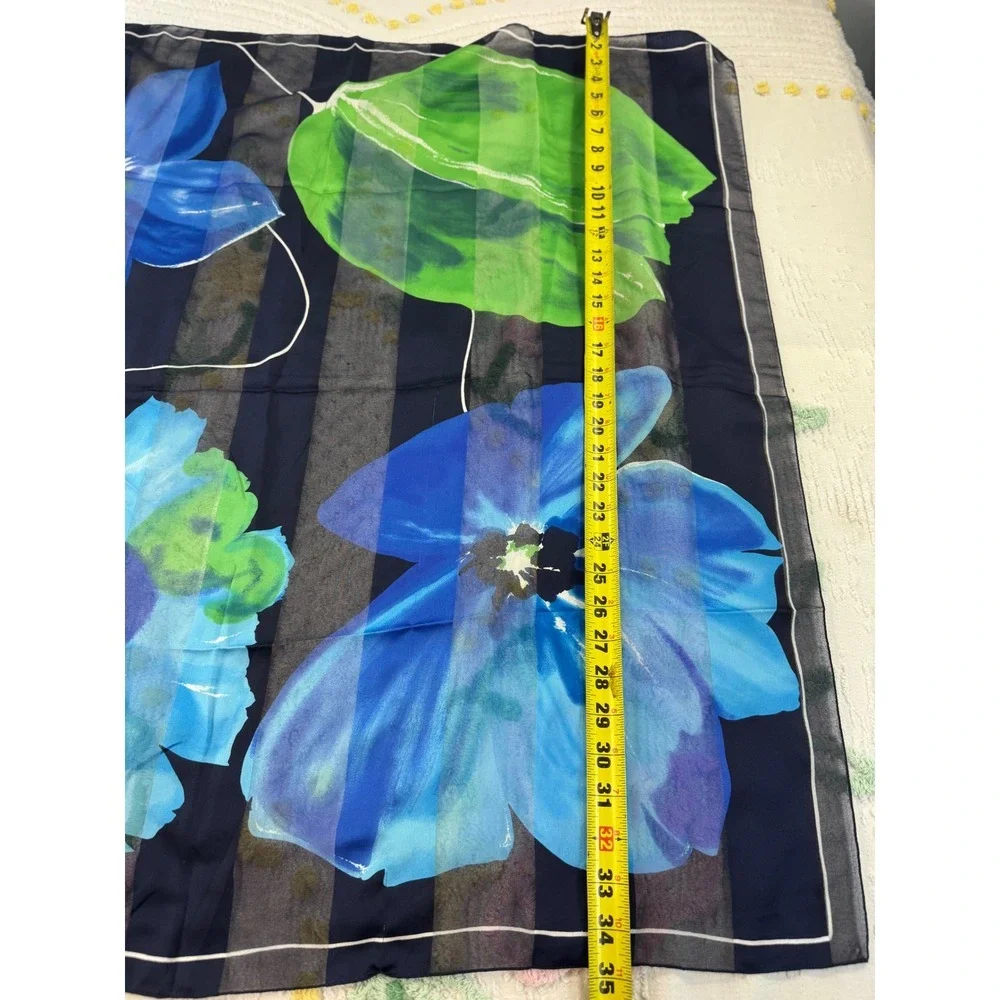 Vintage Italian Floral Square Scarf Navy Blue Striped Sheer Made in Italy 34x34